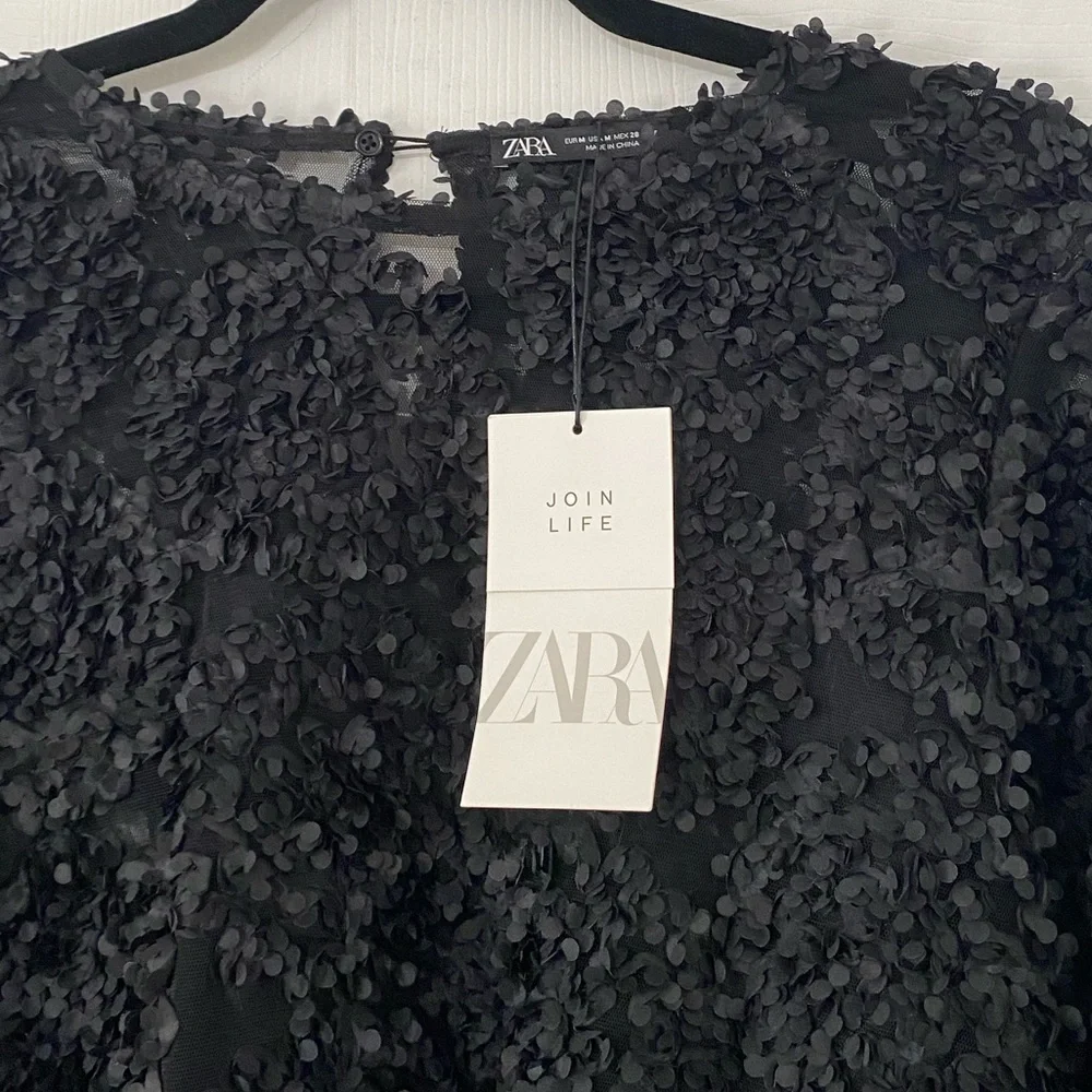 Zara Black Textured Sheer Long-Sleeve Top